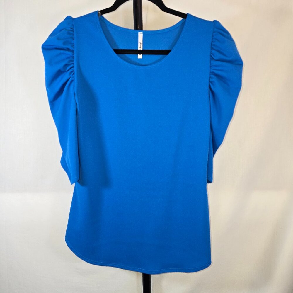 Blue Puffed Quarter Length Sleeve Blouse